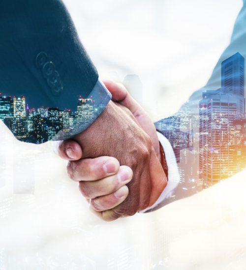Welcome. double exposure of business man partner handshake with during sunrise and cityscape background, digital communication technology, investment, negotiation, partnership and teamwork concept